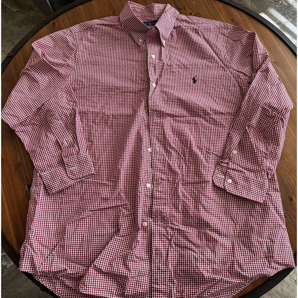 Ralph Lauren VINTAGE, Button Up XL Red/White Check Navy Pony Long Sleeve - Picture 4 of 11